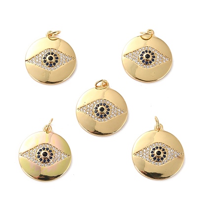 Brass Micro Pave Cubic Zirconia Pendants, Long-Lasting Plated, Cadmium Free & Lead Free, Flat Round with Eye