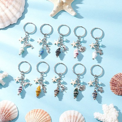 Фарфоровые брелки ручной работы, раковина, с бирюзой синтетического, Тибетский сплав стиль, природные Говлит