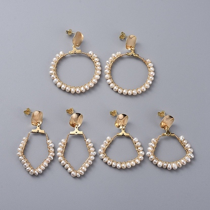 Свисающие серьги, с натуральной жемчужиной, медный провод, 304 подвески из нержавеющей стали, латунные серьги и гайки, кольцо и веер и ромб