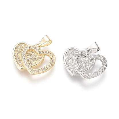 Brass Micro Pave Cubic Zirconia Pendants, Heart with Heart, Clear