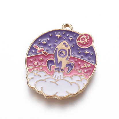 Zinc Alloy Enamel Pendants, Flat Round with Rocket, Light Gold