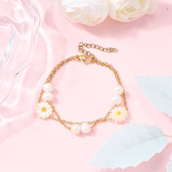 Многожильные браслеты-цепочки из латуни, браслеты из цветочных и картофельных звеньев для женщин, с натуральным культивированным пресноводным жемчугом и белым перламутровым ракушком