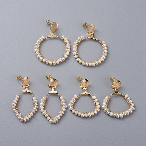 Dangle Stud Earrings, with Natural Pearl, Copper Wire, 304 Stainless Steel Pendants, Brass Ear Stud Findings and Ear Nuts, Ring & Fan & Rhombus