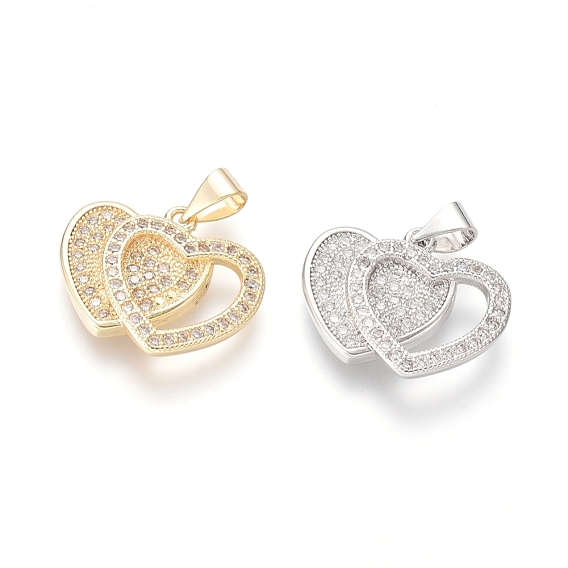 Brass Micro Pave Cubic Zirconia Pendants, Heart with Heart, Clear
