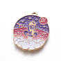 Zinc Alloy Enamel Pendants, Flat Round with Rocket, Light Gold