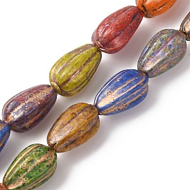 Painted Glass Beads Strands, Golden Metal Enlaced, Teardrop