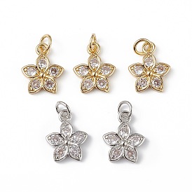 Rack Plating Brass Micro Pave Cubic Zirconia Charms, Lead Free & Cadmium Free, Long-Lasting Plated, Flower Charm, with Jump Ring