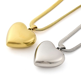 304 Stainless Steel Heart Pendant Flat Snake Chain Necklaces for Women