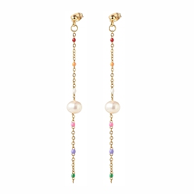 Natural Pearl Beaded Long Chain Dangle Stud Earrings for Women, Golden