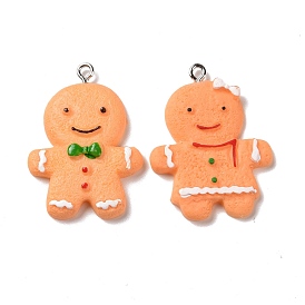 Christmas Opaque Resin Pendants, with Platinum Tone Iron Loops, Gingerbread Man Charm