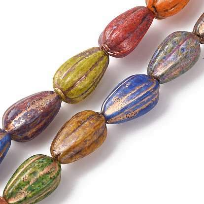 Painted Glass Beads Strands, Golden Metal Enlaced, Teardrop