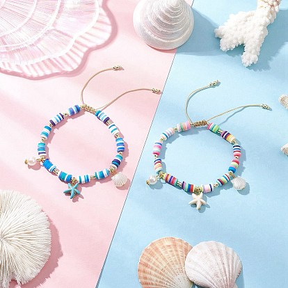 2шт. браслеты с подвесками из синтетической бирюзы и искусственного жемчуга ABS, Браслеты из бисера ручной работы из полимерной глины heishi для женщин, форма раковины и морская звезда