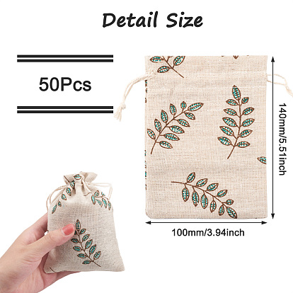 Polycotton(Polyester Cotton) Packing Pouches Drawstring Bags, with Printed Leaf
