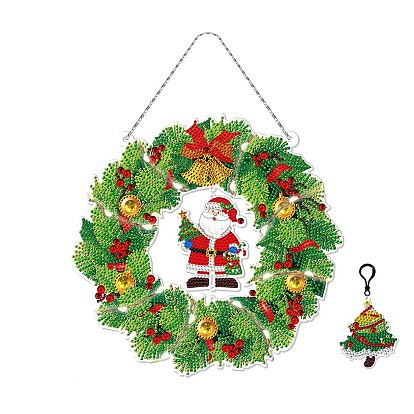 Christmas Wreath DIY Diamond Painting Pendant Decoration Kits, Including Plastic Boards, Keychain Clasp, Curb Chain, Resin Rhinestones, Diamond Sticky Pens, Tray Plates and Glue Clay