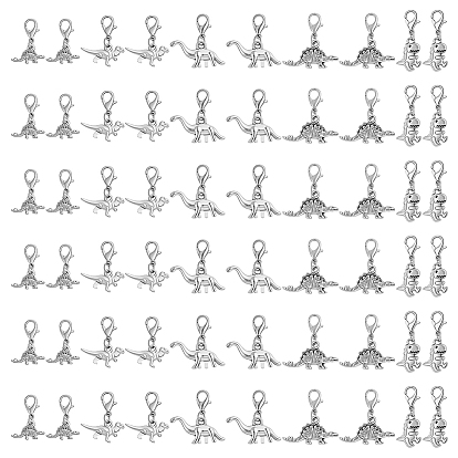 60pcs 5 styles décorations pendentif dinosaure en alliage de style tibétain, avec alliage de zinc homard fermoirs pince
