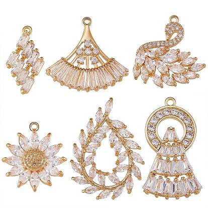 6Pcs 6 Style Brass Micro Pave Clear Cubic Zirconia Pendants, Mix-shaped
