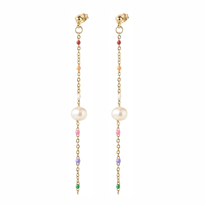 Natural Pearl Beaded Long Chain Dangle Stud Earrings for Women, Golden