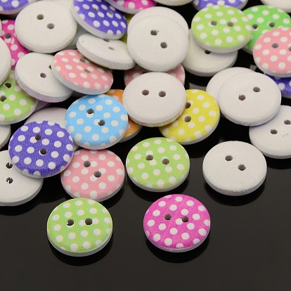 2-Hole Flat Round Polka Dot Printed Wooden Sewing Buttons, Dyed