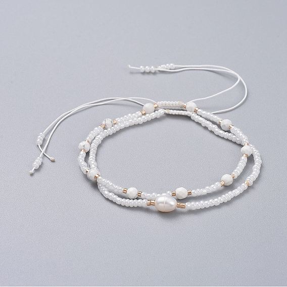 Braided Beaded Bracelets, with Glass Seed Beads, Natural Howlite Beads, Braided Nylon Thread, Grade A Natural Freshwater Pearl and Burlap Packing Pouches Drawstring Bags