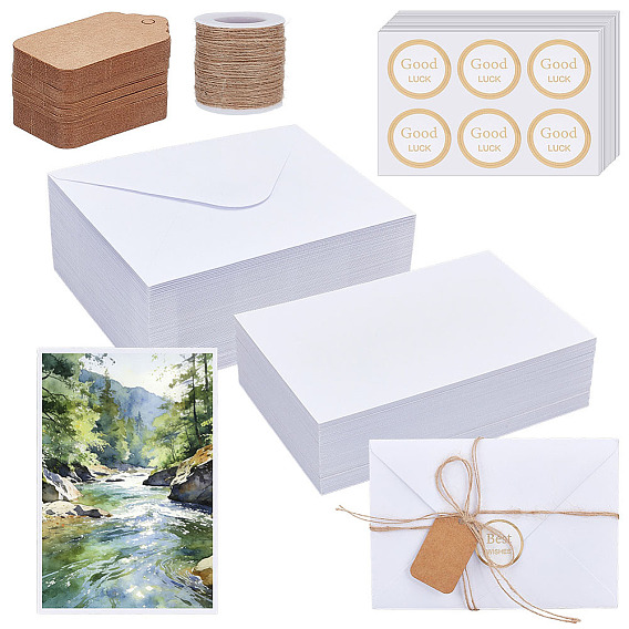 10 Bags Paper Blank Greeting Card, wiht 100Pcs Paper Envelopes & Blank Tags, 100Pcs Jute Cord, 17 Sheets Paper Stickers
