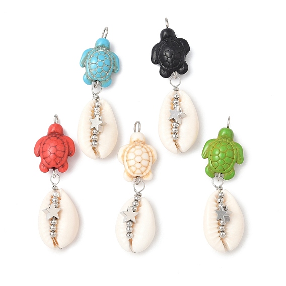 Подвески из натуральных смешанных ракушек каури, черепаха, с железной петлей-булавкой, латунными бусинами, синтетическими бирюзовыми бусинами и платиновой медной проволокой