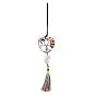 Brass Big Pendant Decorations, with Natural Gemstone Beads and Nylon Tassel, Heart with Tree of Life, Chakra Theme