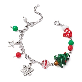 Christmas Theme Handmade Lampwoke and Alloy Snowflake Charms Bracelets, Christmas Glass Bracelets for Women