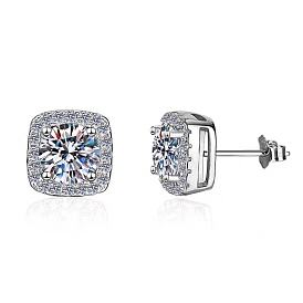 925 Sterling Silver Micro Pave Clear Cubic Zirconia, with Moissanite Rhinestone Earrings, Square