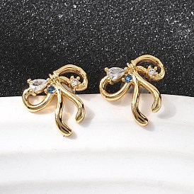 Серьги-гвоздики из латуни с микро-паве и бантом из прозрачного кубического циркония, без никеля 