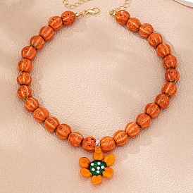 Collares con colgantes de flores de porcelana y vidrio de verano con cuentas de calabaza, flor, dorado