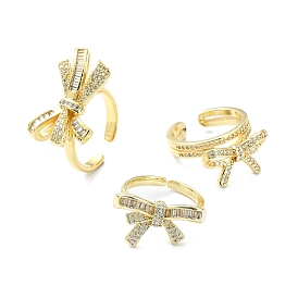 Rack Plating Brass Micro Pave Cubic Zirconia Open Cuff Rings, Cadmium Free & Lead Free, Long-Lasting Plated, Bowknot