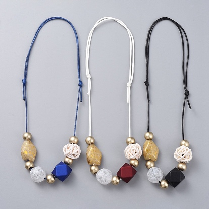 Adjustable Bib Necklaces, with Acrylic Beads, Handmade Cane Woven Beads and Waxed Polyester Cord