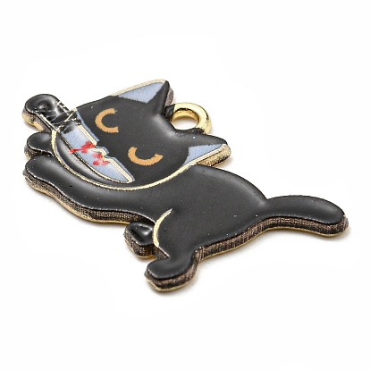 Printed Alloy Pendants, with Enamel, Golden, Cadmium Free & Nickel Free & Lead Free, Cat with Knife Shape Charms