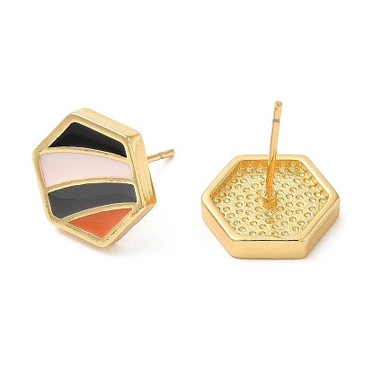Rack Plating Brass Hexagon Stud Earrings with Enamel, Lead Free & Cadmium Free