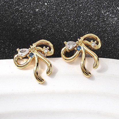 Серьги-гвоздики из латуни с микро-паве и бантом из прозрачного кубического циркония, без никеля 
