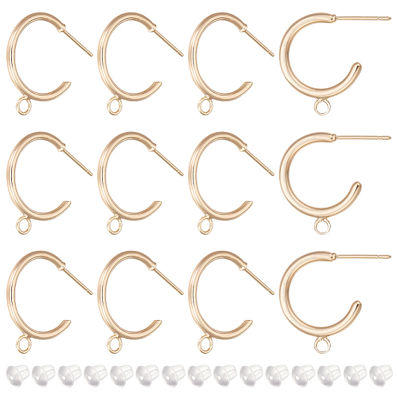 12 шт. латунные серьги-гвоздики с кольцами, фурнитура для сережек полукольцо с горизонтальными петлями, без никеля , с 30 пластиковыми ушными гайками