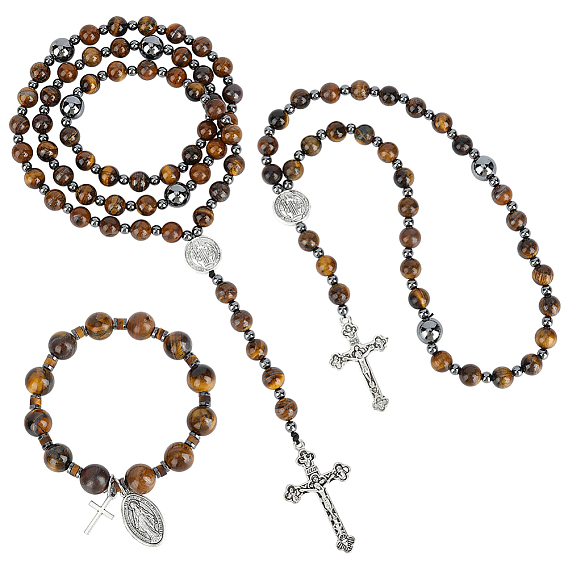 3Pcs Synthetic Hematite & Natural Tiger Eye Bracelets & Necklaces Sets, Cross, with Alloy Pendants