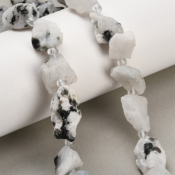 Natural Moonstone Beads Strands, Raw Rough, Nuggets, with Seed Beads