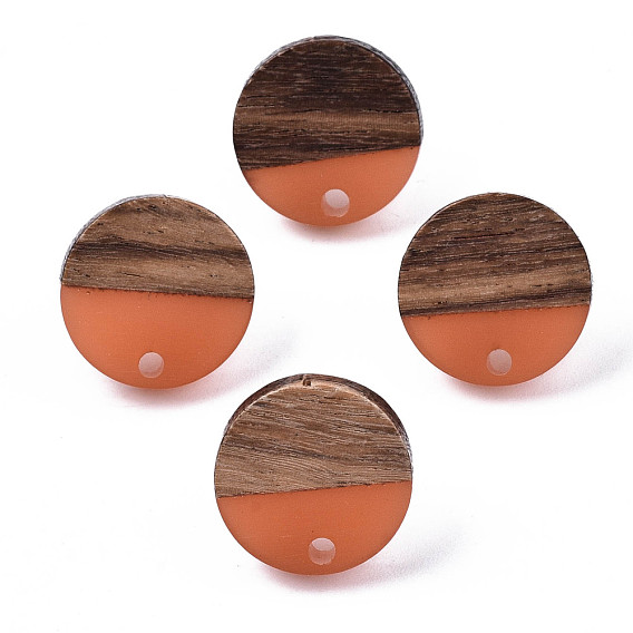 Resin & Walnut Wood Stud Earring Findings, with 304 Stainless Steel Pin, Flat Round
