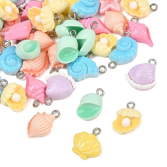 Ocean Theme Resin Pendants, Shell Shape & Starfish & Conch Charms, with Platinum Iron Loop