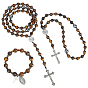 3Pcs Synthetic Hematite & Natural Tiger Eye Bracelets & Necklaces Sets, Cross, with Alloy Pendants
