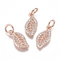 Brass Micro Pave Cubic Zirconia Charms, with Jump Ring, Long-Lasting Plated, Leaf