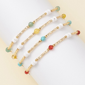 4Pcs Glass Seed Beaded Bracelets for Women, with Natural Mixed Gemstone and 304 Stainless Steel Findings