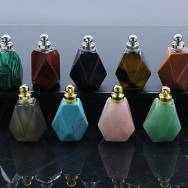 Natural & Synthetic Gemstone Perfume Bottle Perfume Bottle Pendants, with Alloy Findings, for Essential Oil, Perfume, Polygon Bottle