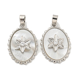Brass Micro Pave Clear Cubic Zirconia Pendants, with Shell, Oval with Flower