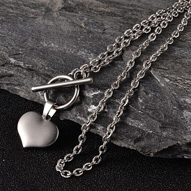 Valentine's Day Heart 304 Stainless Steel Lariat Necklaces, with Textured Cable Chains & Toggle Clasps, 17.1 inch(43.5cm)