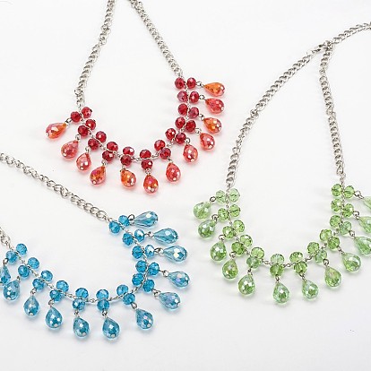 Trendy Glass Beads Bib Statement Necklaces, with Iron Chains and Brass Lobster Clasps, 21 inch
