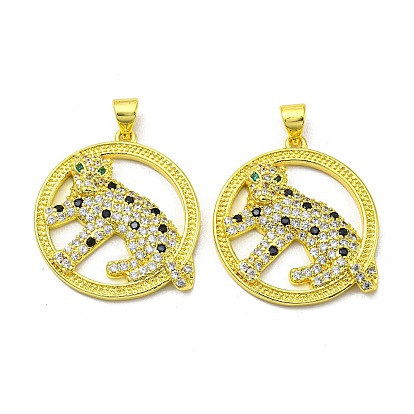 Real 18K Gold Plated Brass Pendants, Cadmium Free & Nickel Free & Lead Free, with Cubic Zirconia, Flat Round with Leopard Charms