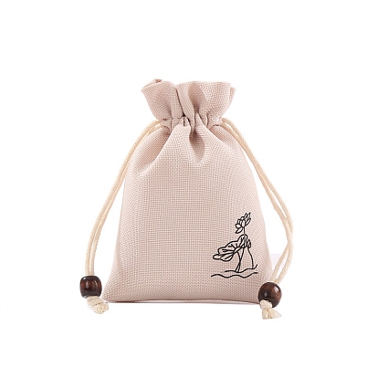 Cotton Linen Pouches, Drawstring Bag, with Wood Beads, Rectangle with Lotus