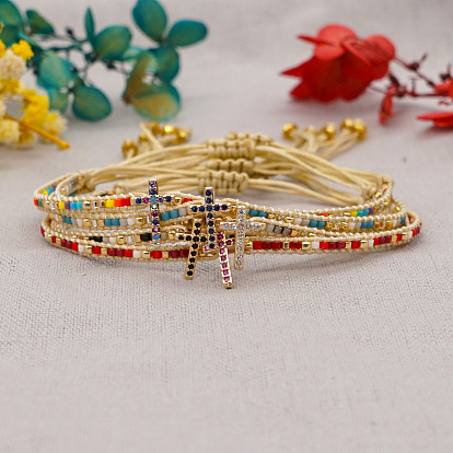 Cubic Zirconia Cross & Glass Seed Braided Bead Bracelet, Adjustable Bracelet for Women